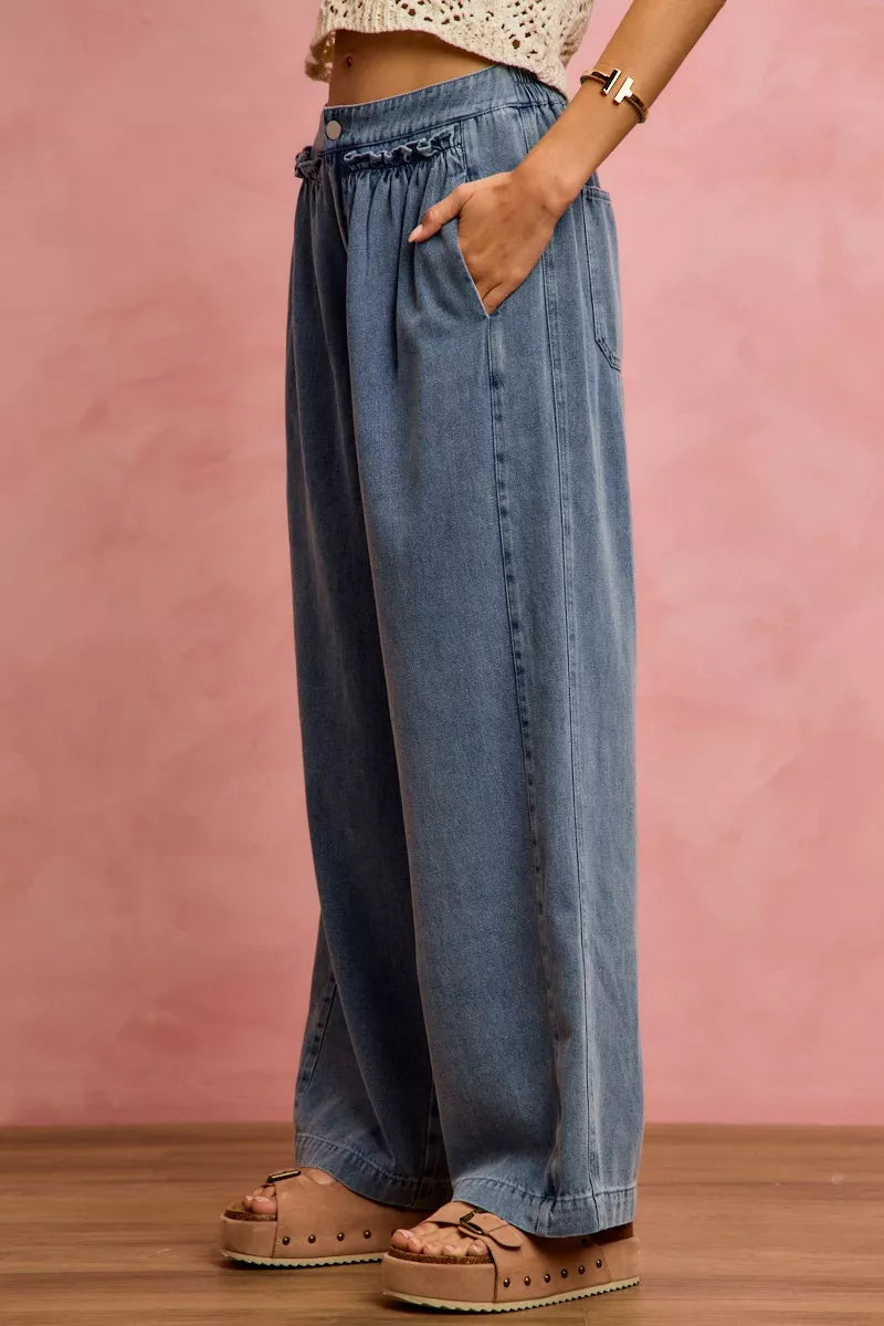mid rise ruffled So Me Mid Rise Ruffled Front Elastic Wide Leg Jeans view 2 (bottom) - shop at us.meeeshop