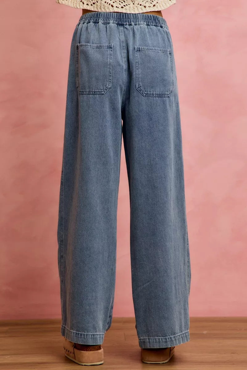mid rise ruffled So Me Mid Rise Ruffled Front Elastic Wide Leg Jeans view 3 (bottom) - shop at us.meeeshop
