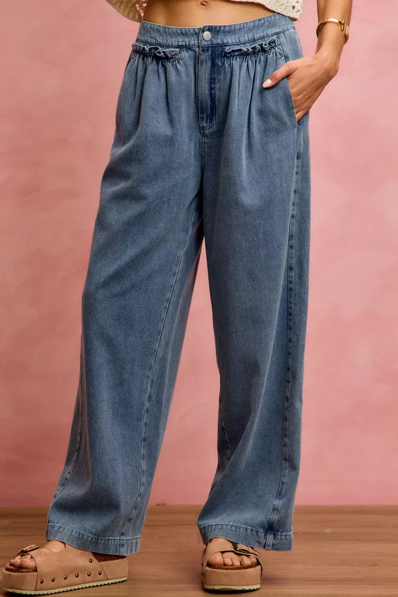 mid rise ruffled So Me Mid Rise Ruffled Front Elastic Wide Leg Jeans view 4 (bottom) - shop at us.meeeshop