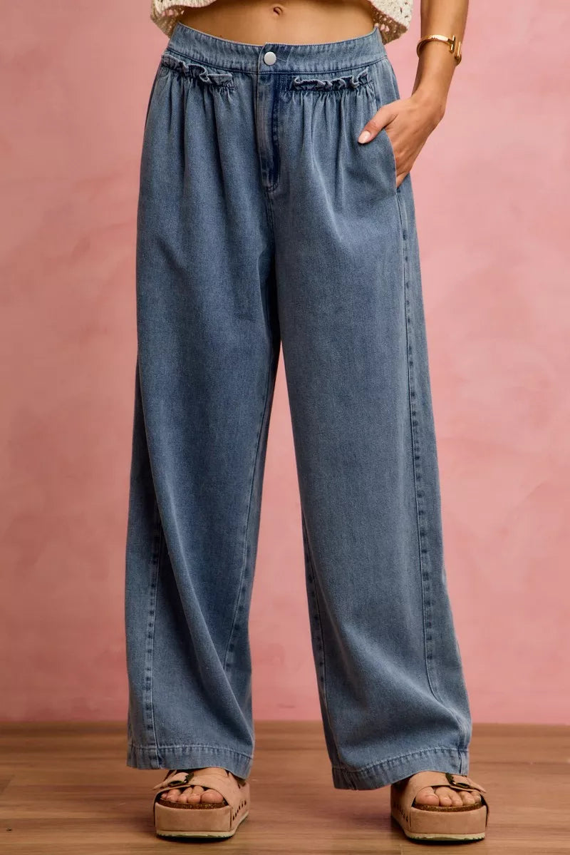 mid rise ruffled So Me Mid Rise Ruffled Front Elastic Wide Leg Jeans view 5 (bottom) - shop at us.meeeshop