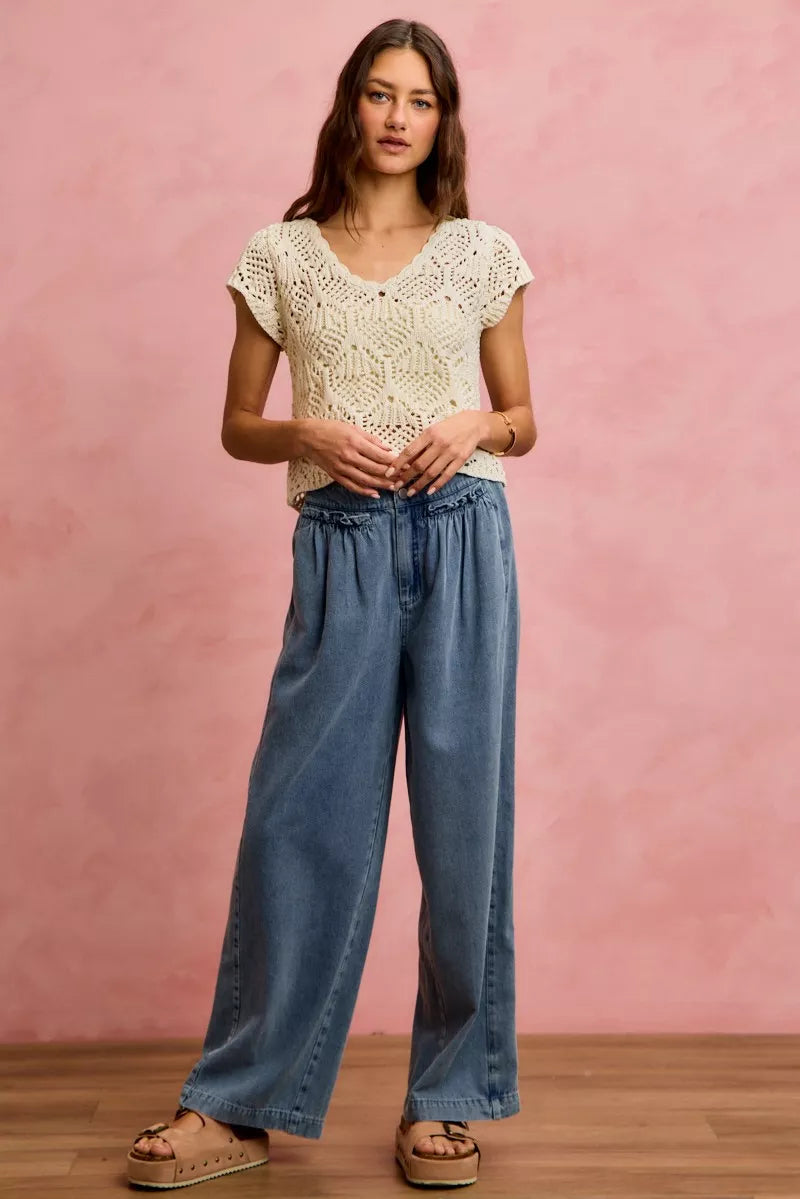 mid rise ruffled So Me Mid Rise Ruffled Front Elastic Wide Leg Jeans view 6 (bottom) - shop at us.meeeshop