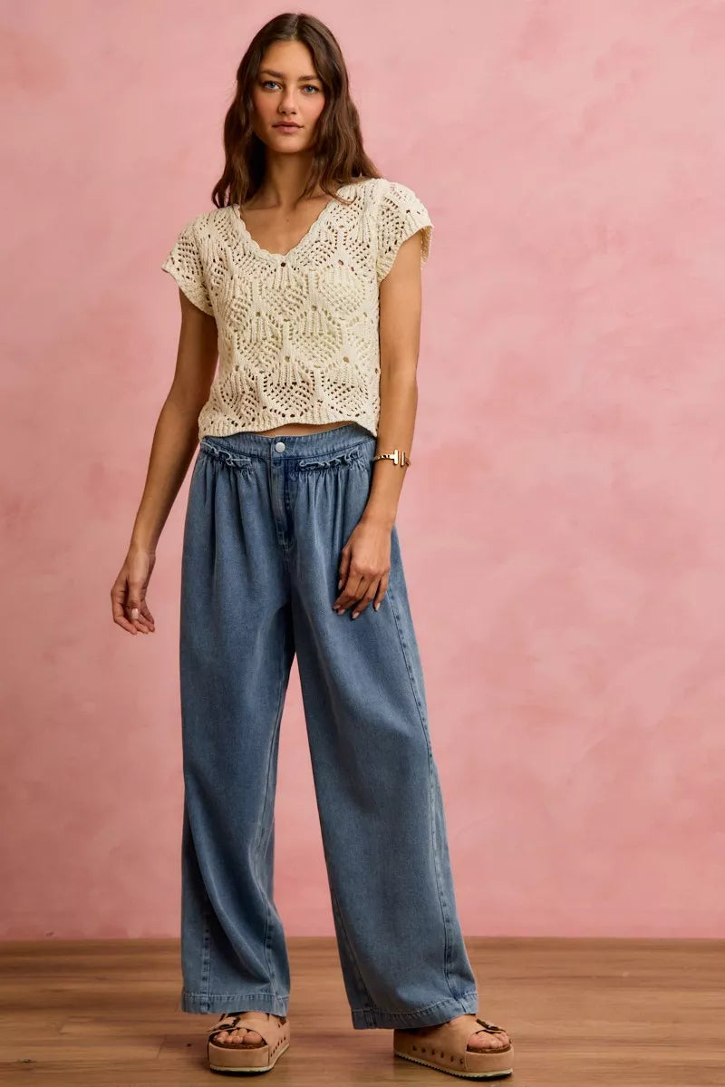 mid rise ruffled So Me Mid Rise Ruffled Front Elastic Wide Leg Jeans view 7 (bottom) - shop at us.meeeshop