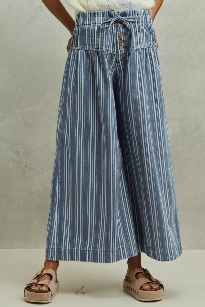 mid rise stripe So Me Mid Rise Stripe Denim Washed Pleat Wide Leg Pants view 3 (bottom) - shop at us.meeeshop