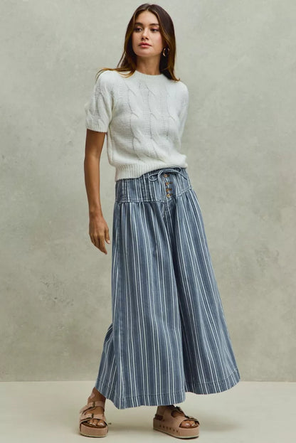 mid rise stripe So Me Mid Rise Stripe Denim Washed Pleat Wide Leg Pants view 4 (bottom) - shop at us.meeeshop