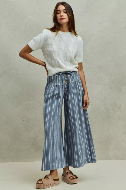 mid rise stripe So Me Mid Rise Stripe Denim Washed Pleat Wide Leg Pants view 5 (bottom) - shop at us.meeeshop