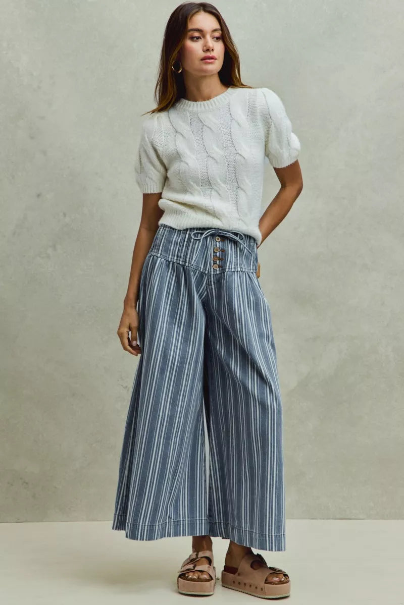 mid rise stripe So Me Mid Rise Stripe Denim Washed Pleat Wide Leg Pants view 6 (bottom) - shop at us.meeeshop