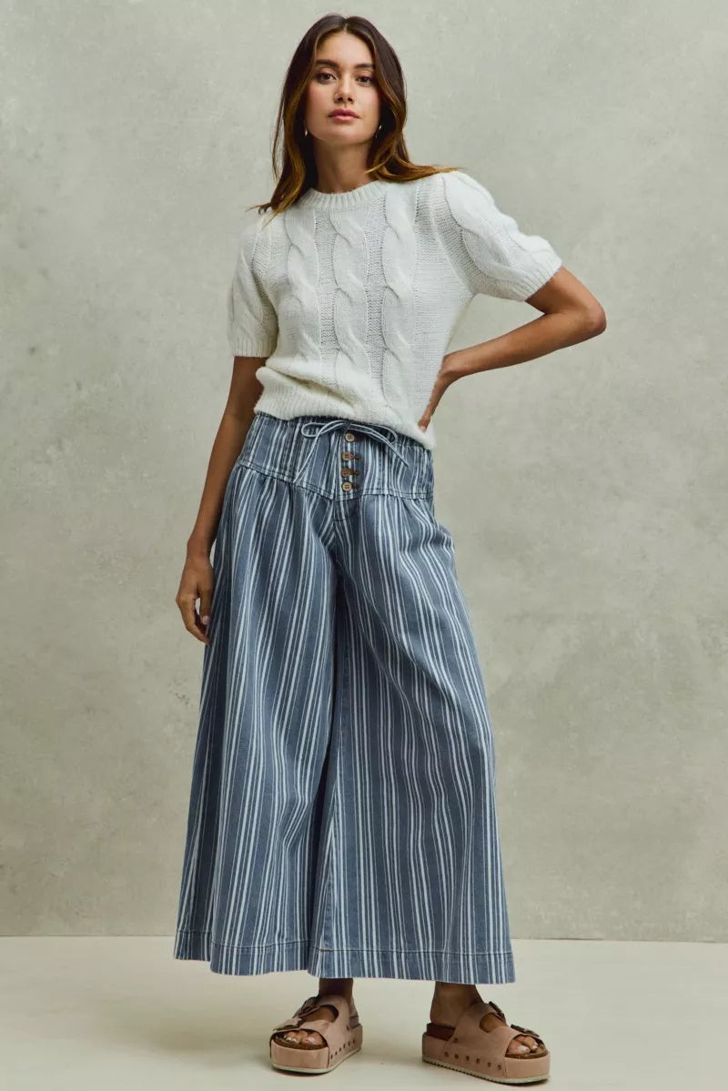 mid rise stripe So Me Mid Rise Stripe Denim Washed Pleat Wide Leg Pants view 7 (bottom) - shop at us.meeeshop