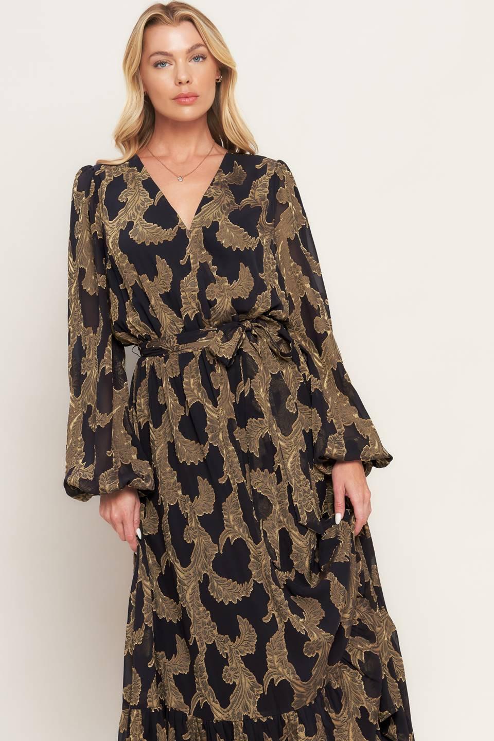 Midnight Moss Woven Jacquard Maxi Dress in DARK BROWN view 2 - Moss Midnight Slim Fit Dress Trousers