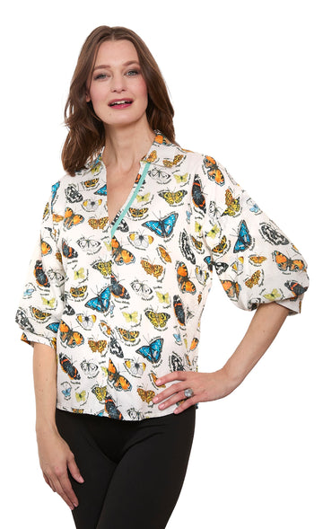 Milano Puff Sleeve Top Butterfly Print Cotton Voile Ivory Ground in S view 2 - Ground Top