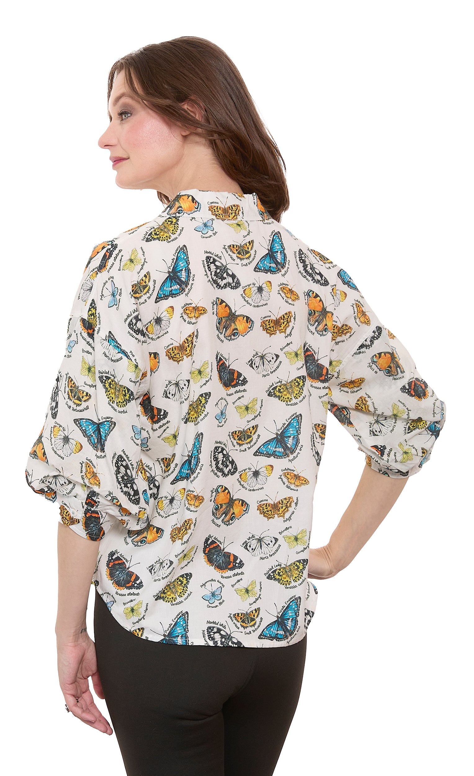 Milano Puff Sleeve Top Butterfly Print Cotton Voile Ivory Ground in M view 3 - Ground Top