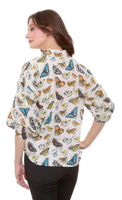 Milano Puff Sleeve Top Butterfly Print Cotton Voile Ivory Ground in M view 3 - Ground Top