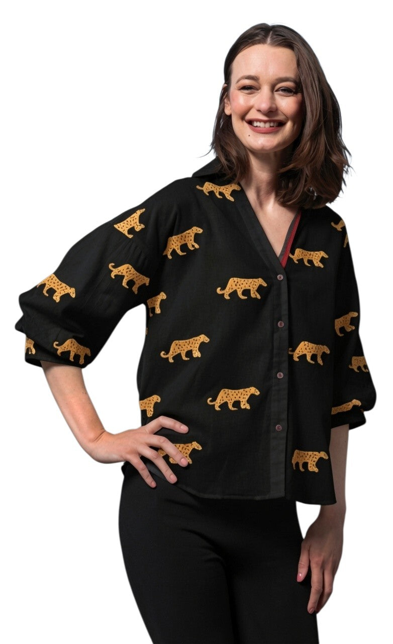 Milano Top Black with Embroidered Cheetahs in XS - Milano Black Shirt