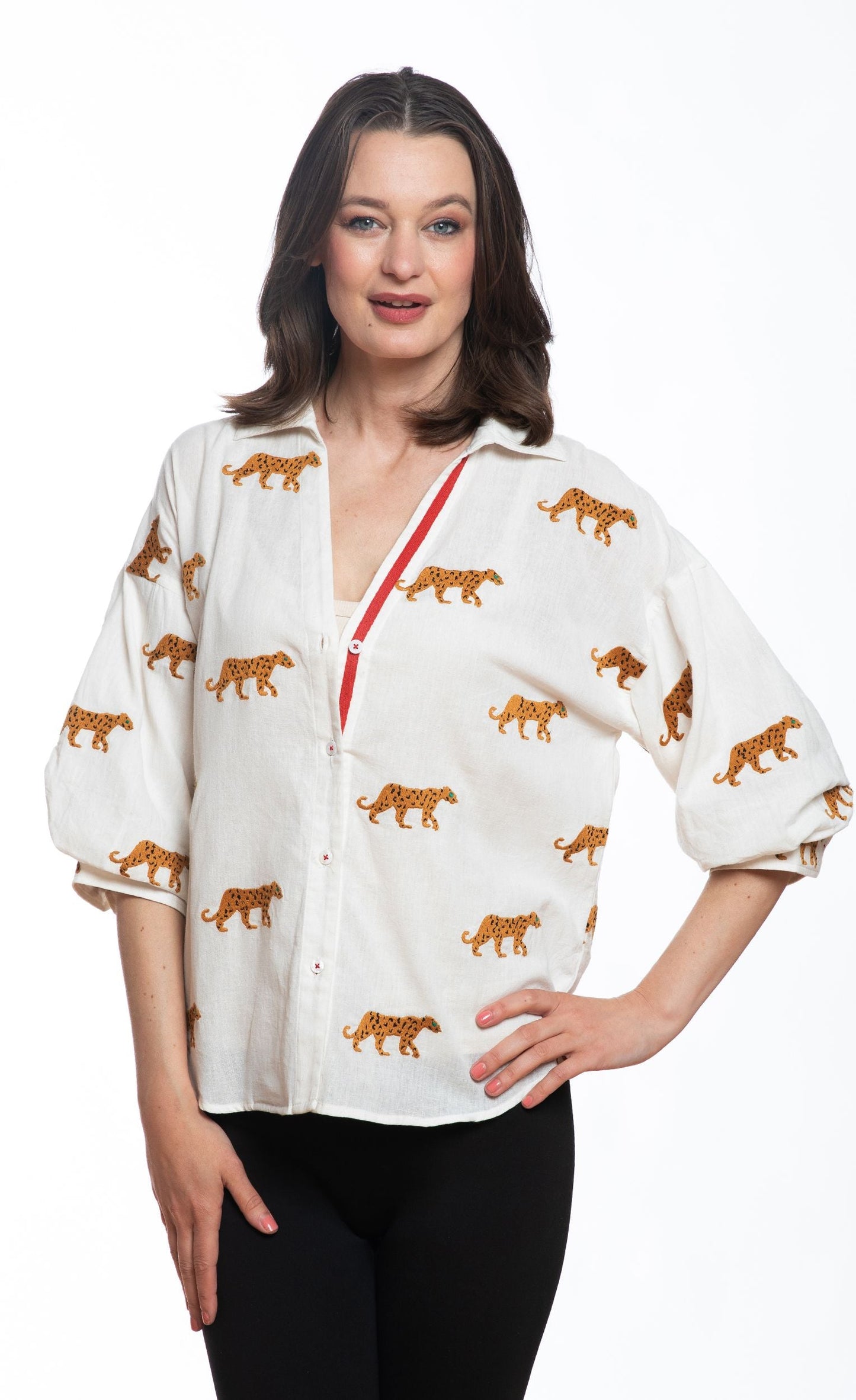 Milano Top Ivory Embroidered Cheetahs in S view 2 - Cheetahs Top