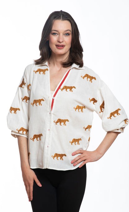 Milano Top Ivory Embroidered Cheetahs in S view 2 - Cheetahs Top