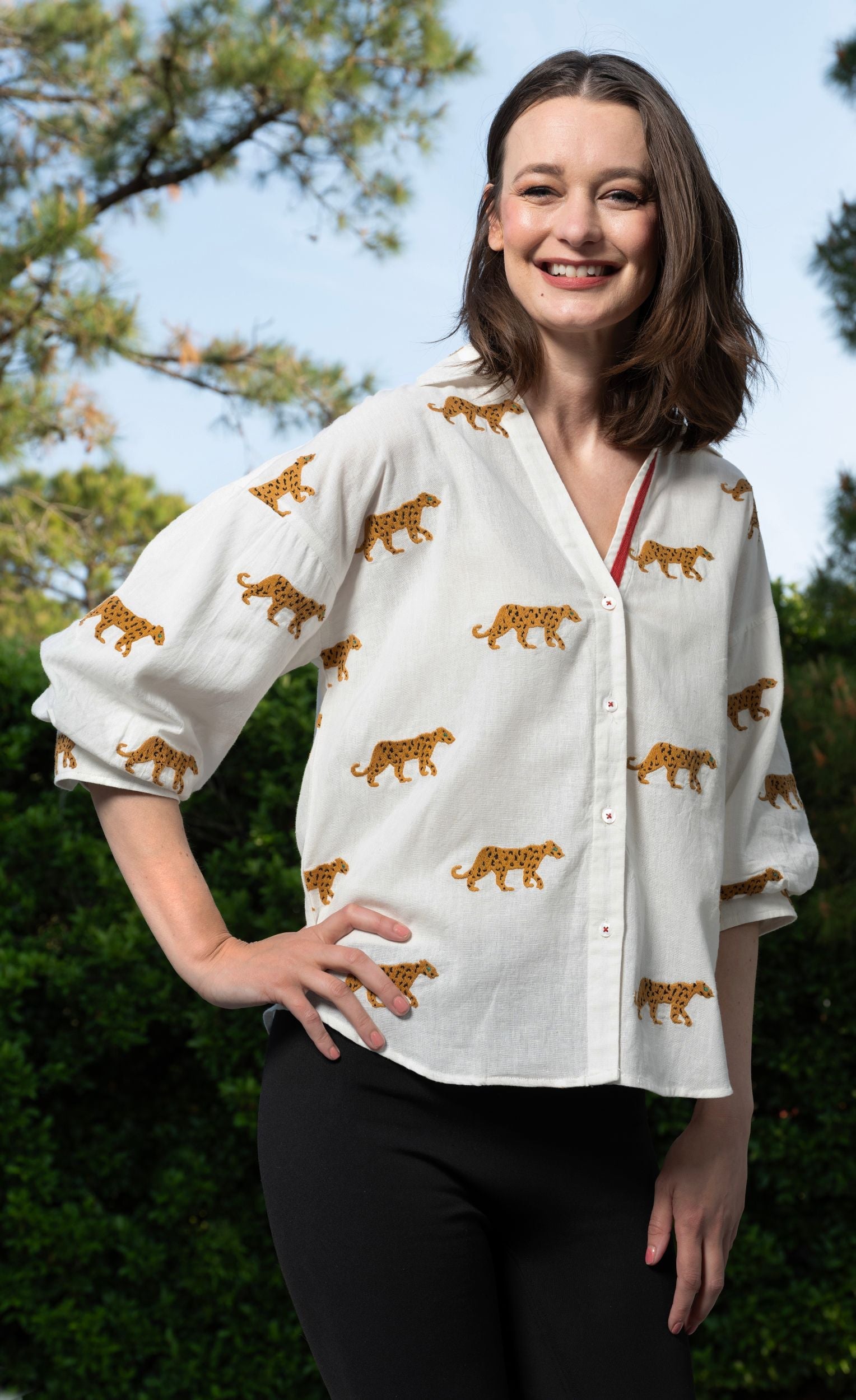 Milano Top Ivory Embroidered Cheetahs in XS - Cheetahs Top