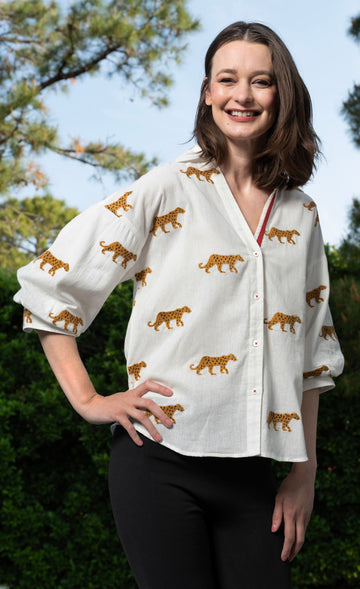 Milano Top Ivory Embroidered Cheetahs in XS - Cheetahs Top