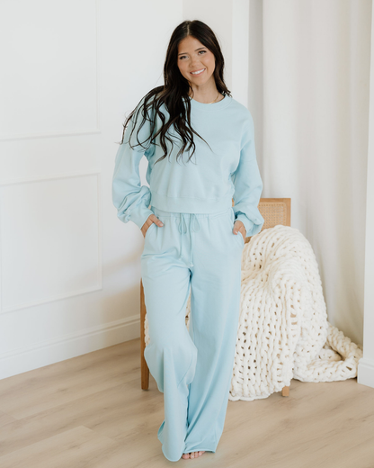 Miles Crop Pullover Drawstring Wide Leg Pants Set - Blue in Mist Blue - Blue Pullover (top)