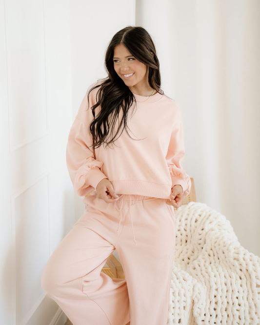 Miles Crop Pullover Drawstring Wide Leg Pants Set - Pink in Light Pink view 2 - Pink Pullover (top)
