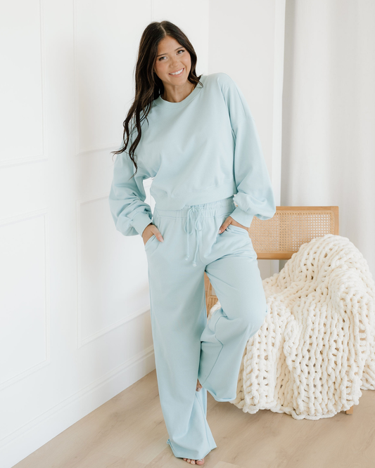 Miles Crop Pullover Drawstring Wide Leg Pants Set - Blue in Mist Blue view 2 - Blue Pullover (top)