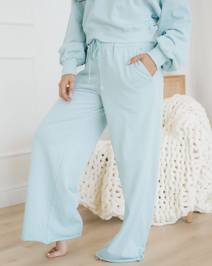 Miles Crop Pullover Drawstring Wide Leg Pants Set - Blue in Mist Blue view 4 - Blue Pullover (top)