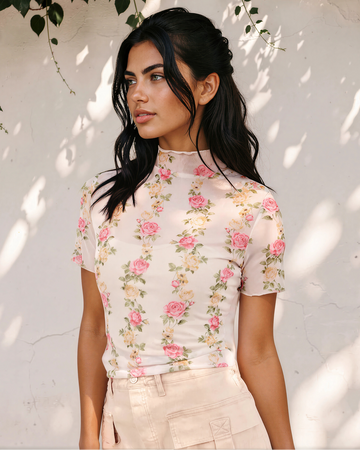Millie Floral Print Mock Neck Short Sleeve Mesh Top in S - Milly Floral Top