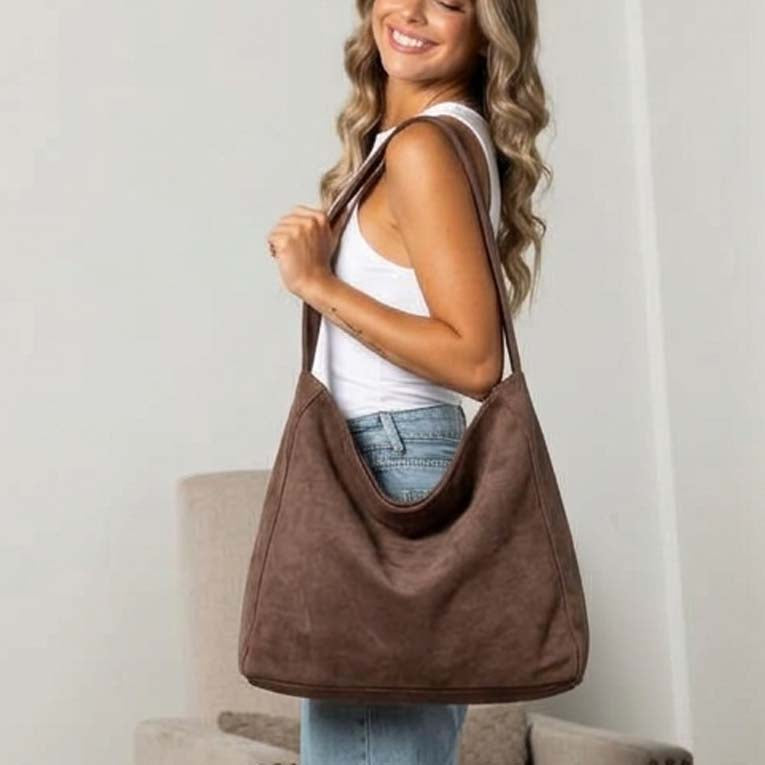Miranda Oversize Suede Hobo Carryall Shoulder Bag in Black view 3