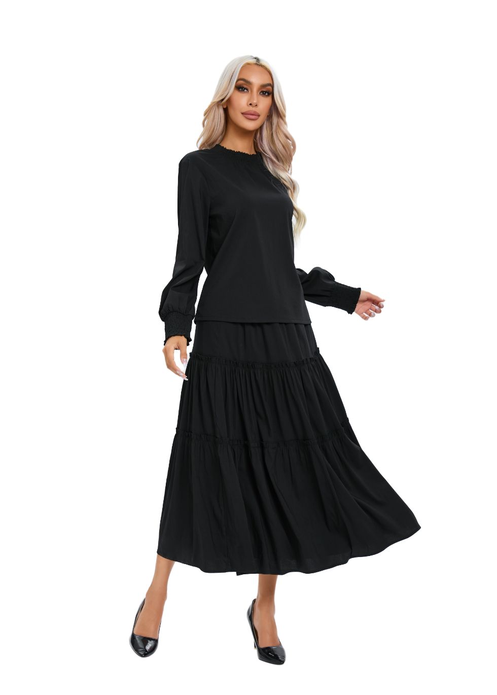 Missfinchnyc Black Tiered Midi Dress Outfit Set view 6 - Black Tiered Clothing