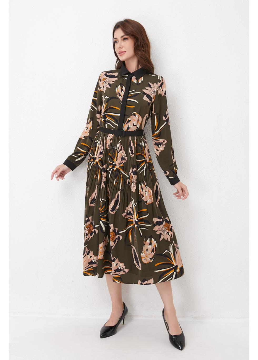 Missfinchnyc Botanical Pleated Midi Dress in L view 4 - Apricot Botanical Garden Pleated Dress