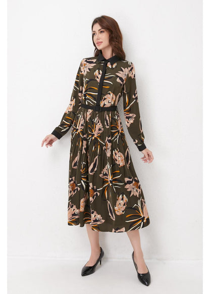Missfinchnyc Botanical Pleated Midi Dress in L view 4 - Apricot Botanical Garden Pleated Dress