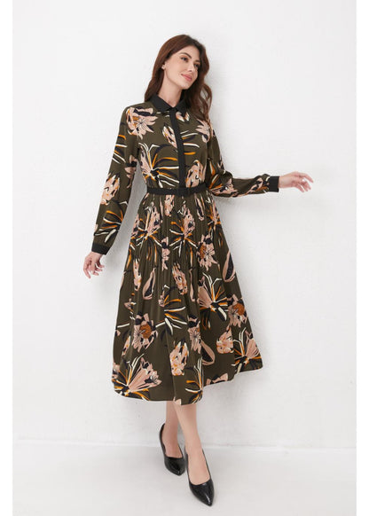 Missfinchnyc Botanical Pleated Midi Dress in XL view 5 - Apricot Botanical Garden Pleated Dress