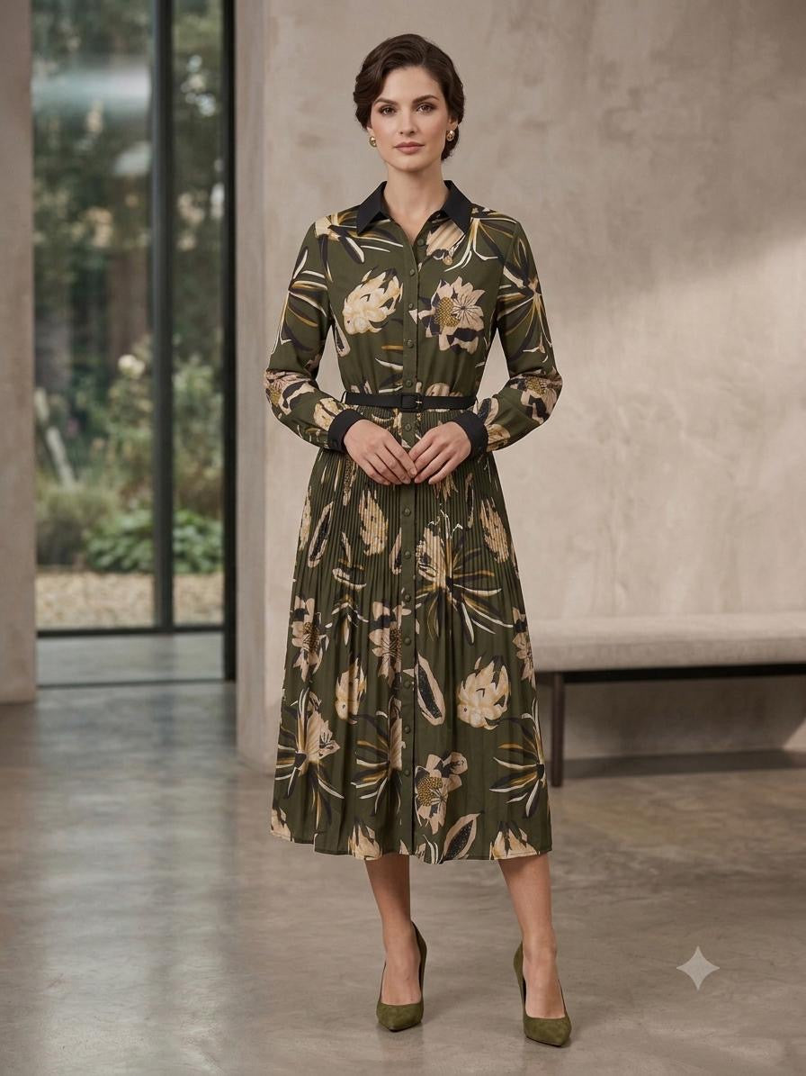Missfinchnyc Botanical Pleated Midi Dress in XS - Apricot Botanical Garden Pleated Dress