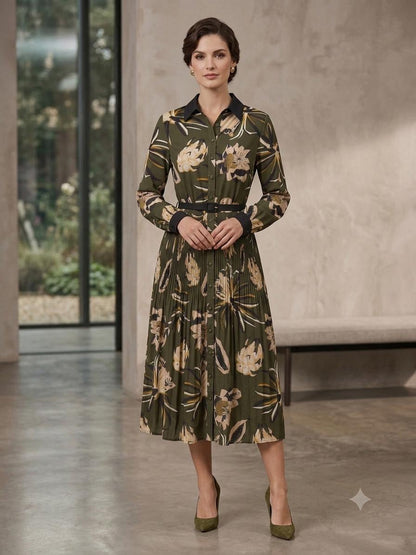 Missfinchnyc Botanical Pleated Midi Dress in XS - Apricot Botanical Garden Pleated Dress