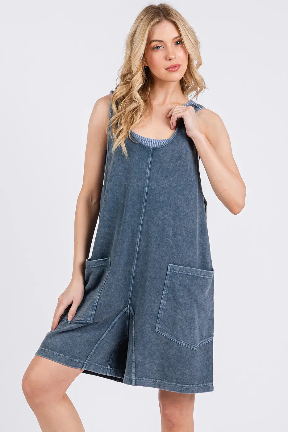 Mittoshop Low Scoop Neck Tank Washed French Terry Romper in NAVY view 2 (top)