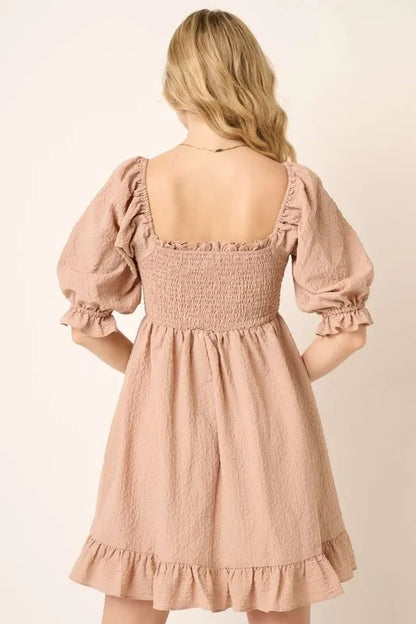 Mittoshop Smocked Ruffled Hem Half Sleeve Mini Dress in Taupe view 2 - Mittoshop Dress Sale