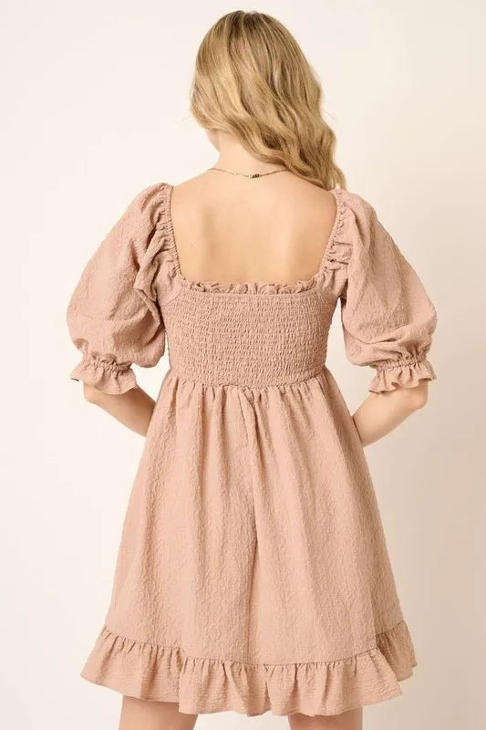 Mittoshop Smocked Ruffled Hem Half Sleeve Mini Dress in Taupe view 2 - Mittoshop Dress Sale