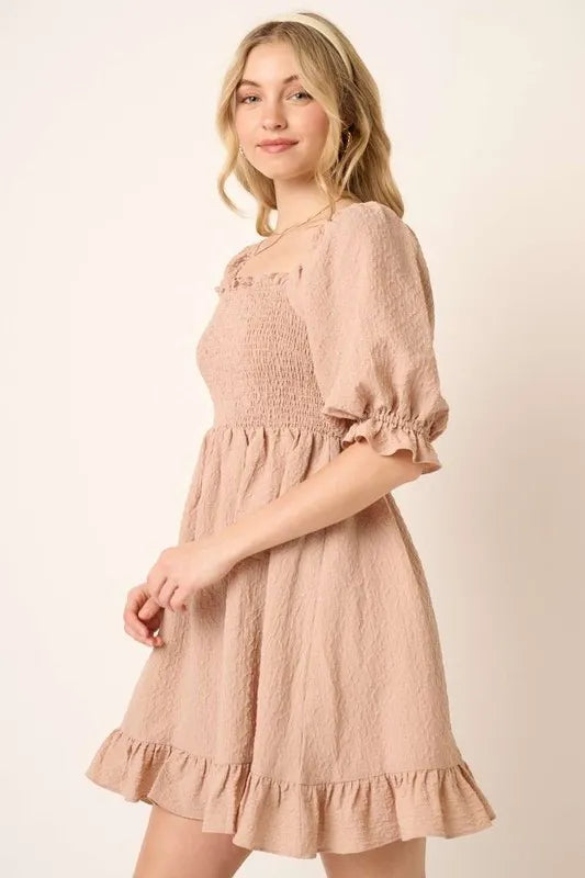 Mittoshop Smocked Ruffled Hem Half Sleeve Mini Dress in Taupe view 3 - Mittoshop Dress Sale
