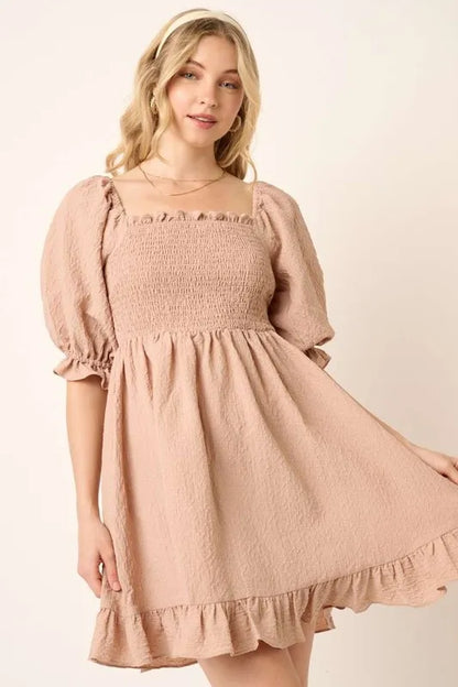 Mittoshop Smocked Ruffled Hem Half Sleeve Mini Dress view 4 - Mittoshop Dress Sale