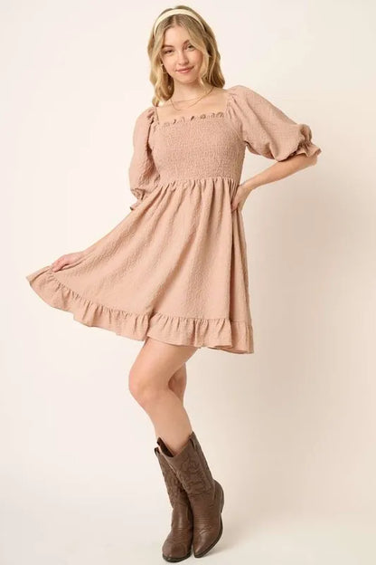 Mittoshop Smocked Ruffled Hem Half Sleeve Mini Dress view 5 - Mittoshop Dress Sale
