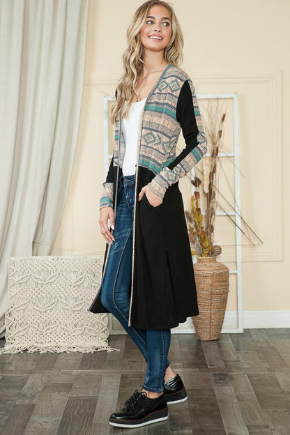 Mixed Media Maxi Cardigan with Side Pockets Top - MeeeShop Women's Fashion