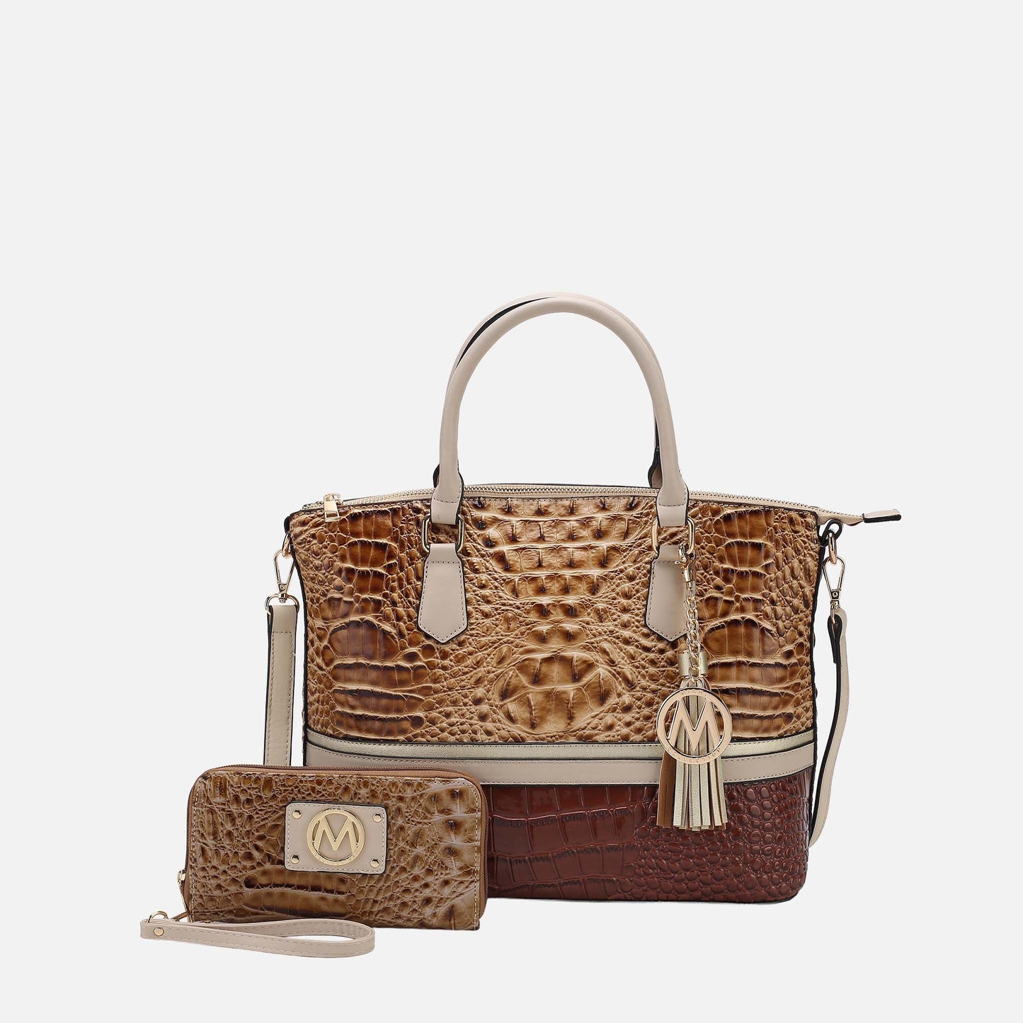 Mkf Collection by Mia K. - Autumn Tote Bag and Wallet Set in Croco Beige - Mia K Collection (one-piece)