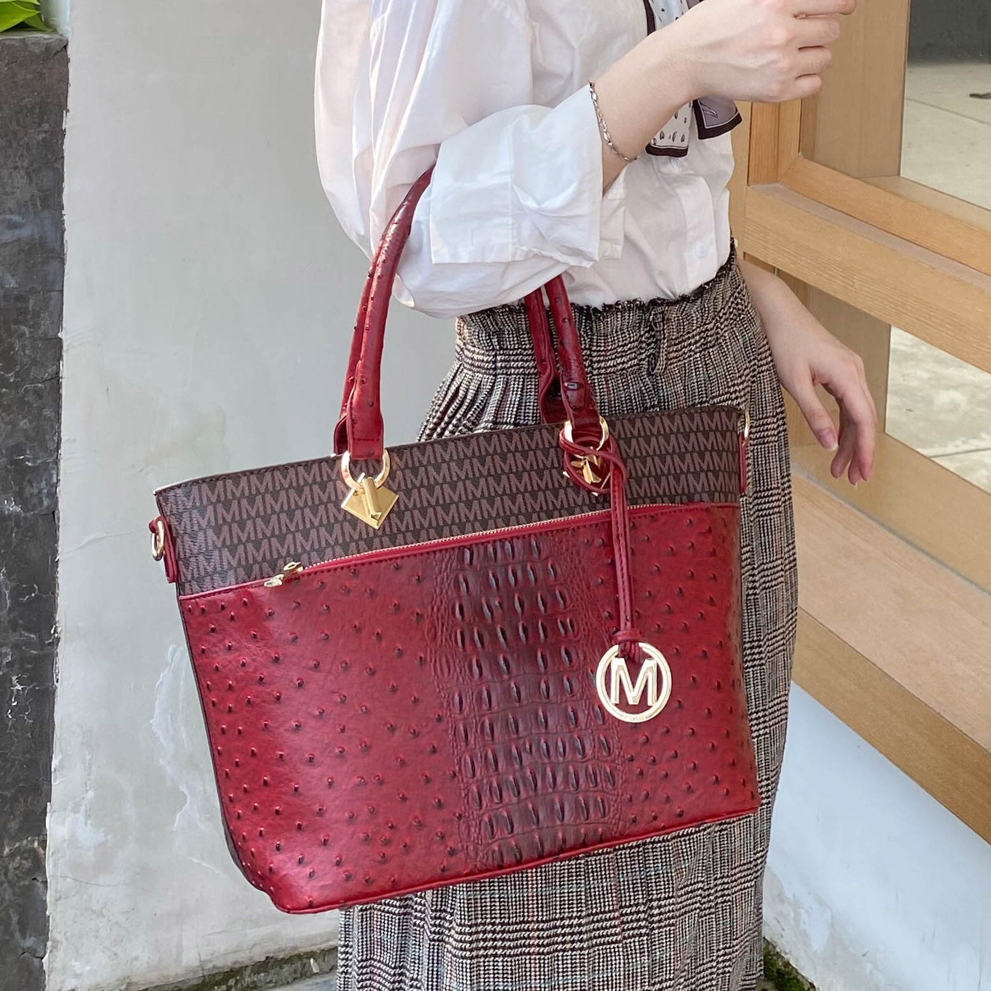 Mkf Collection by Mia K. - Grace Signature Tote Bag in Burgundy view 2 - Mkf Collection Bags