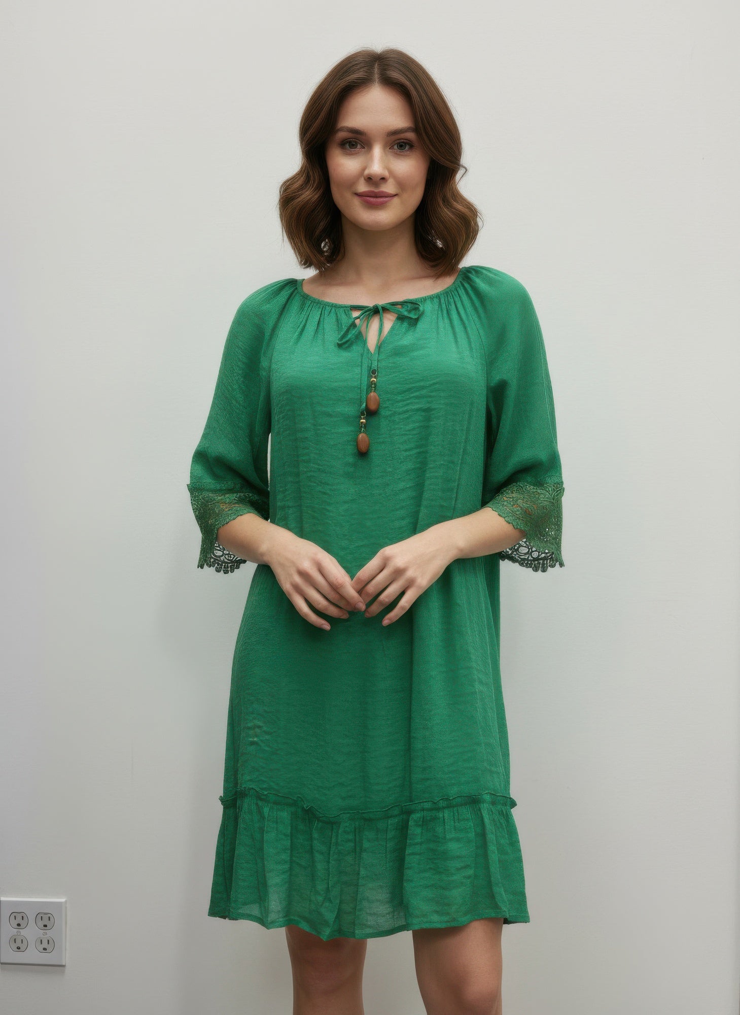 Mlle Gabrielle Solid Elbow Sleeve Dress in Green view 4 - Mlle Gabrielle Dress Vintage