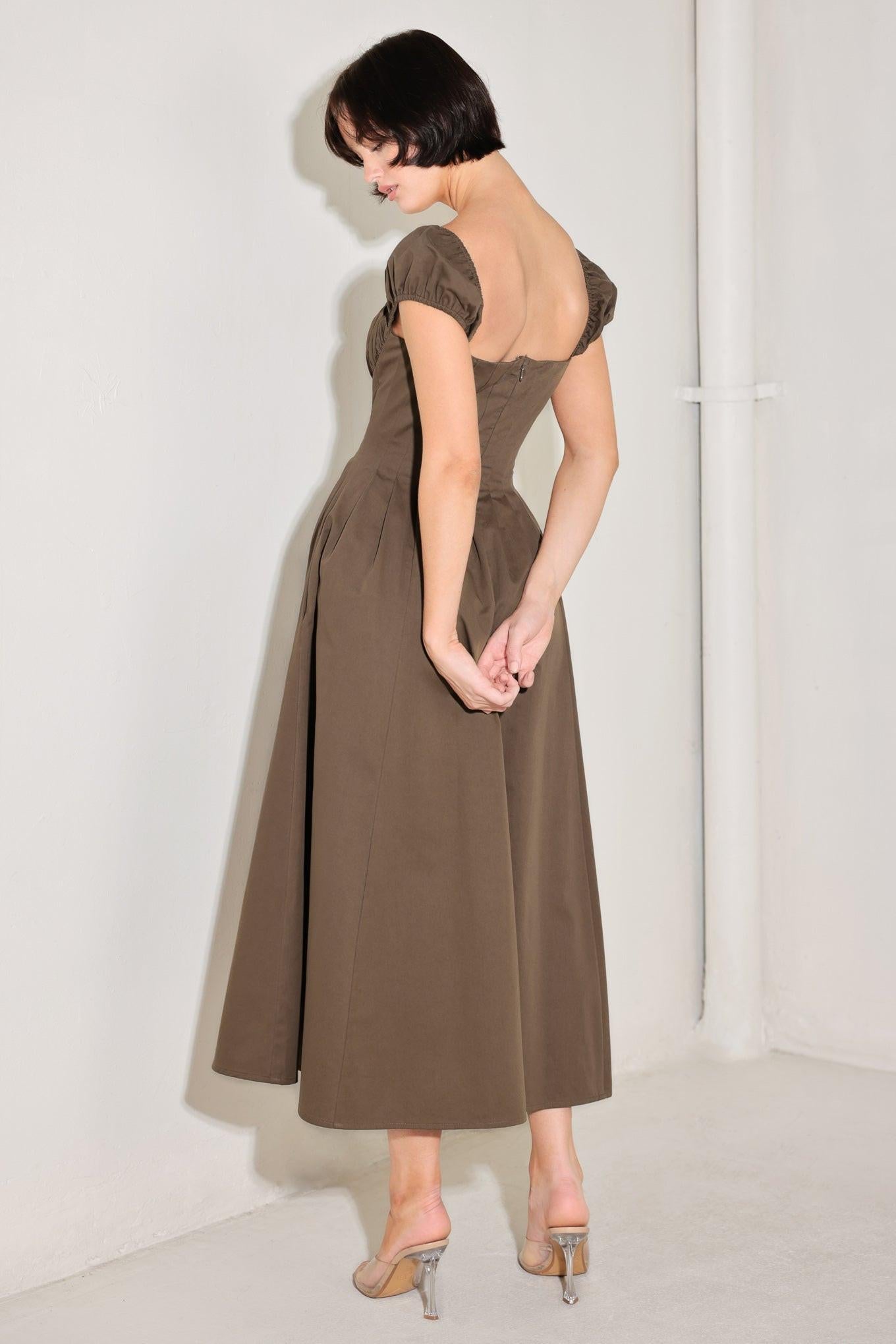 Mocha Muse Moment Woven Midi Dress in BROWN view 2 - Mocha Mousse Dress