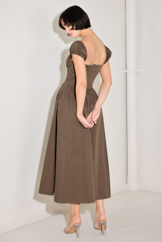 Mocha Muse Moment Woven Midi Dress in BROWN view 2 - Mocha Mousse Dress