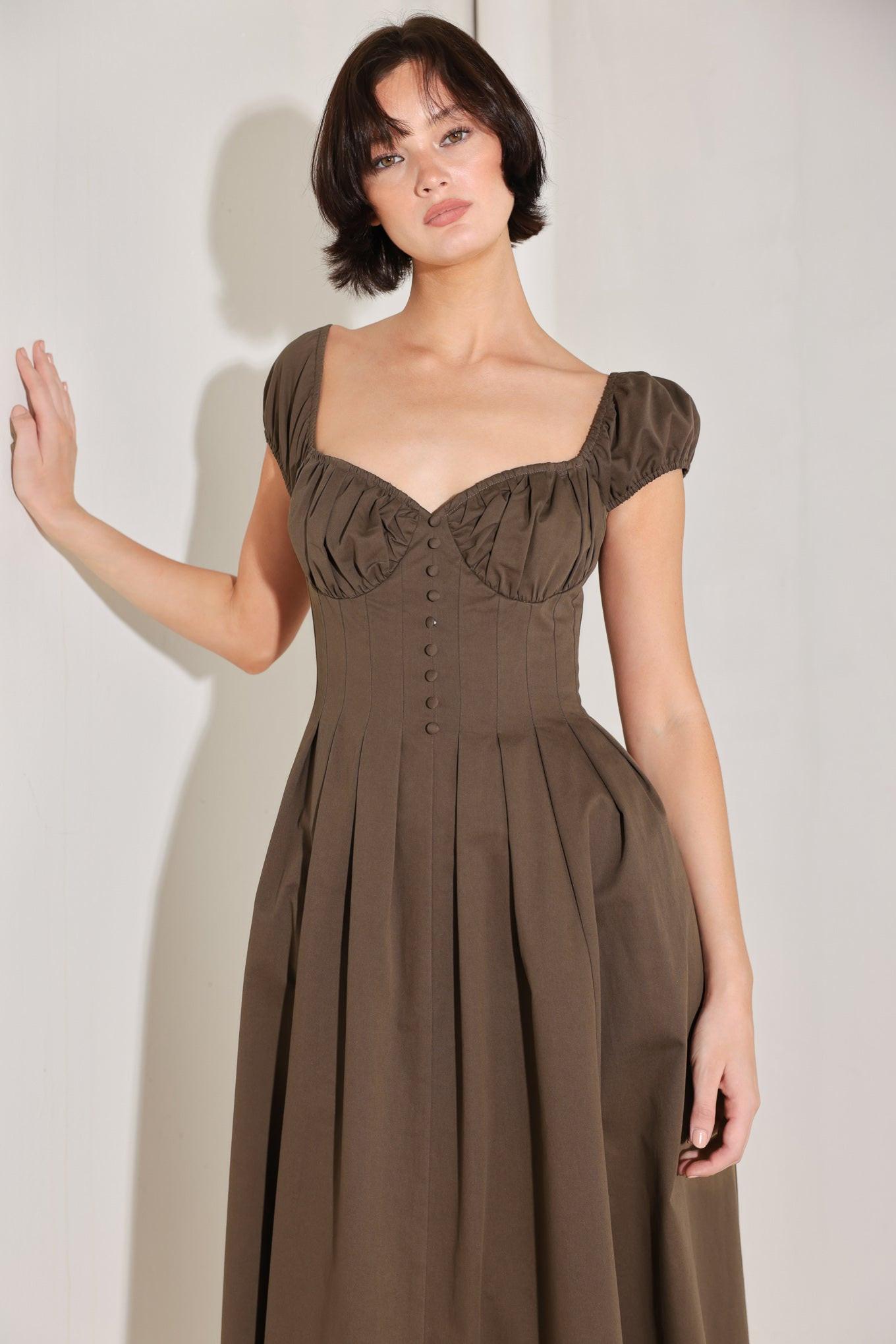 Mocha Muse Moment Woven Midi Dress in BROWN view 3 - Mocha Mousse Dress