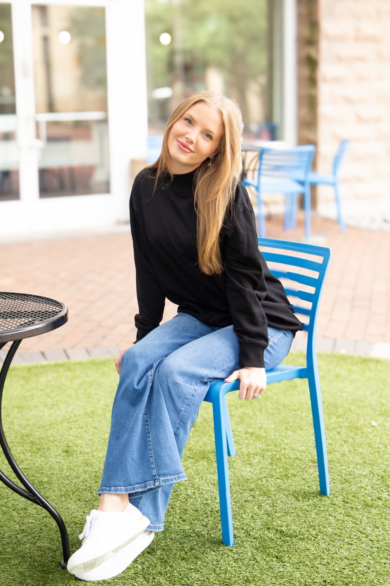 Mock Neck Sweatshirt, Black in Black view 3 - Mock Black Sweatshirt (top)