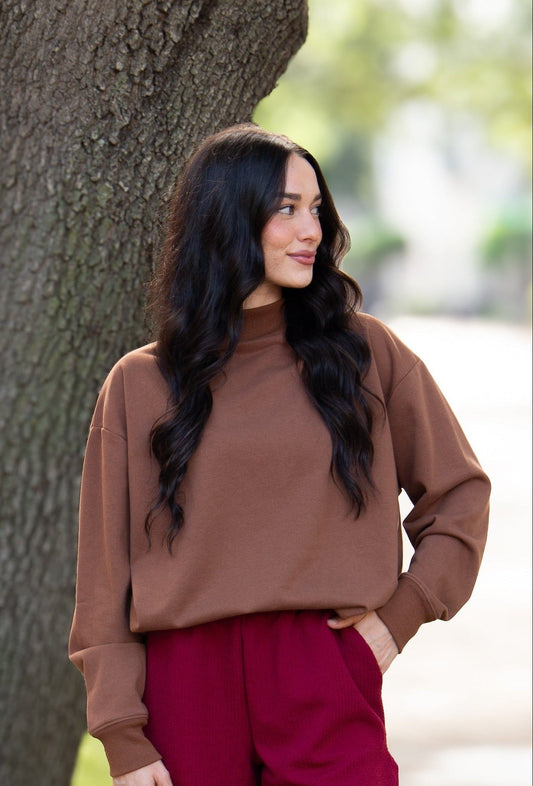 Mock Neck Sweatshirt, Brown in Brown - Mock Neck Sweatshirt Brown (top)