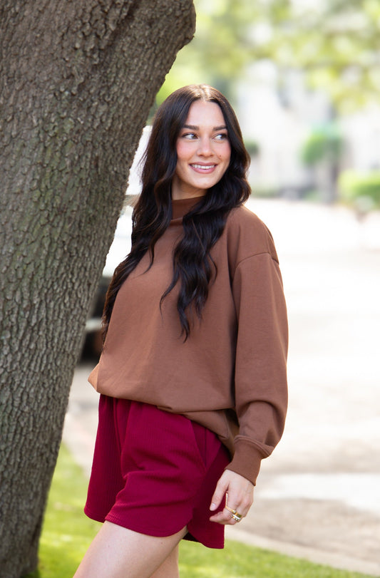 Mock Neck Sweatshirt, Brown in Brown view 2 - Mock Neck Sweatshirt Brown (top)
