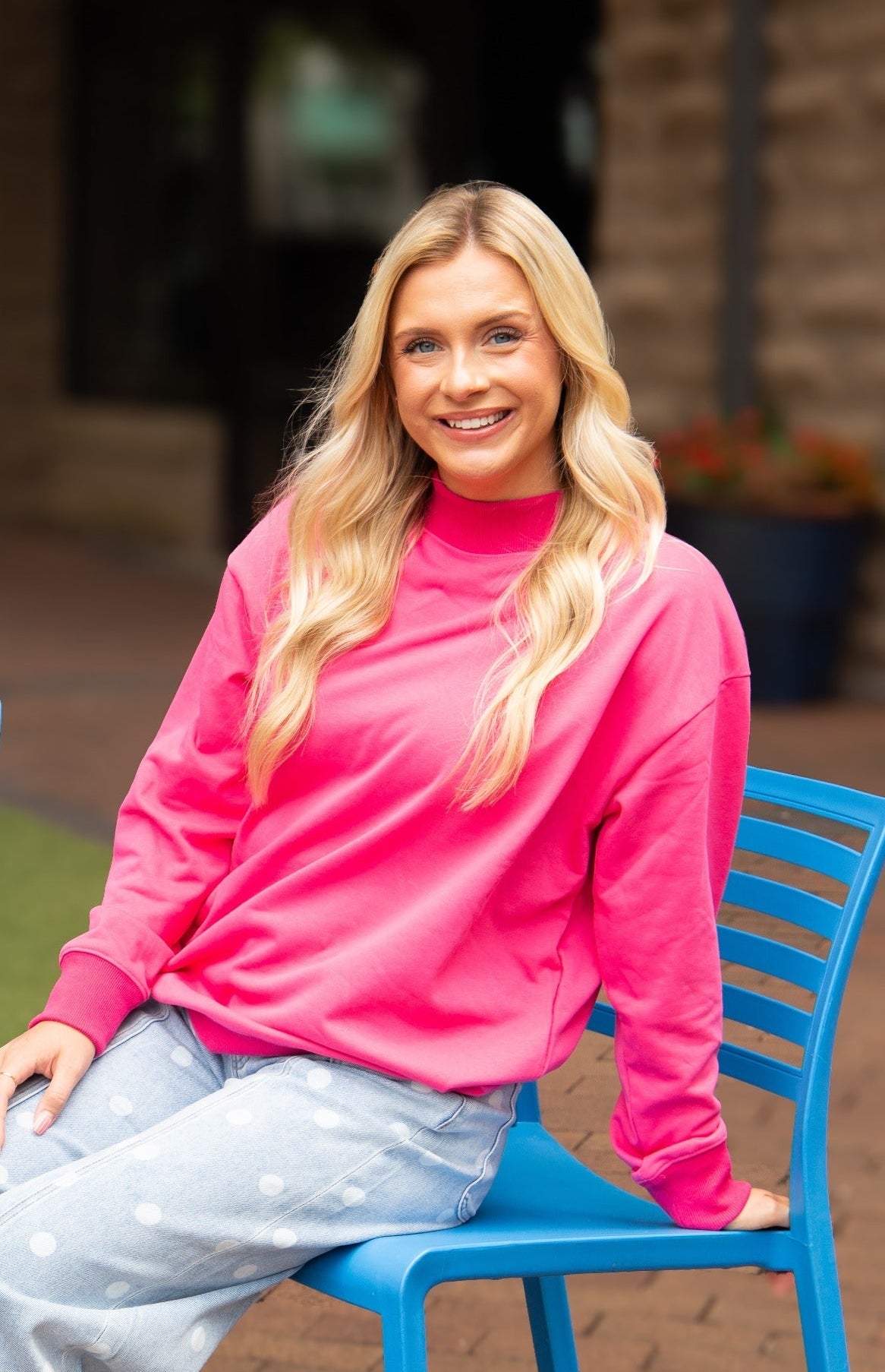 Mock Neck Sweatshirt, Hot Pink in Hot Pink - Mock Neck Sweatshirt Pink (top)