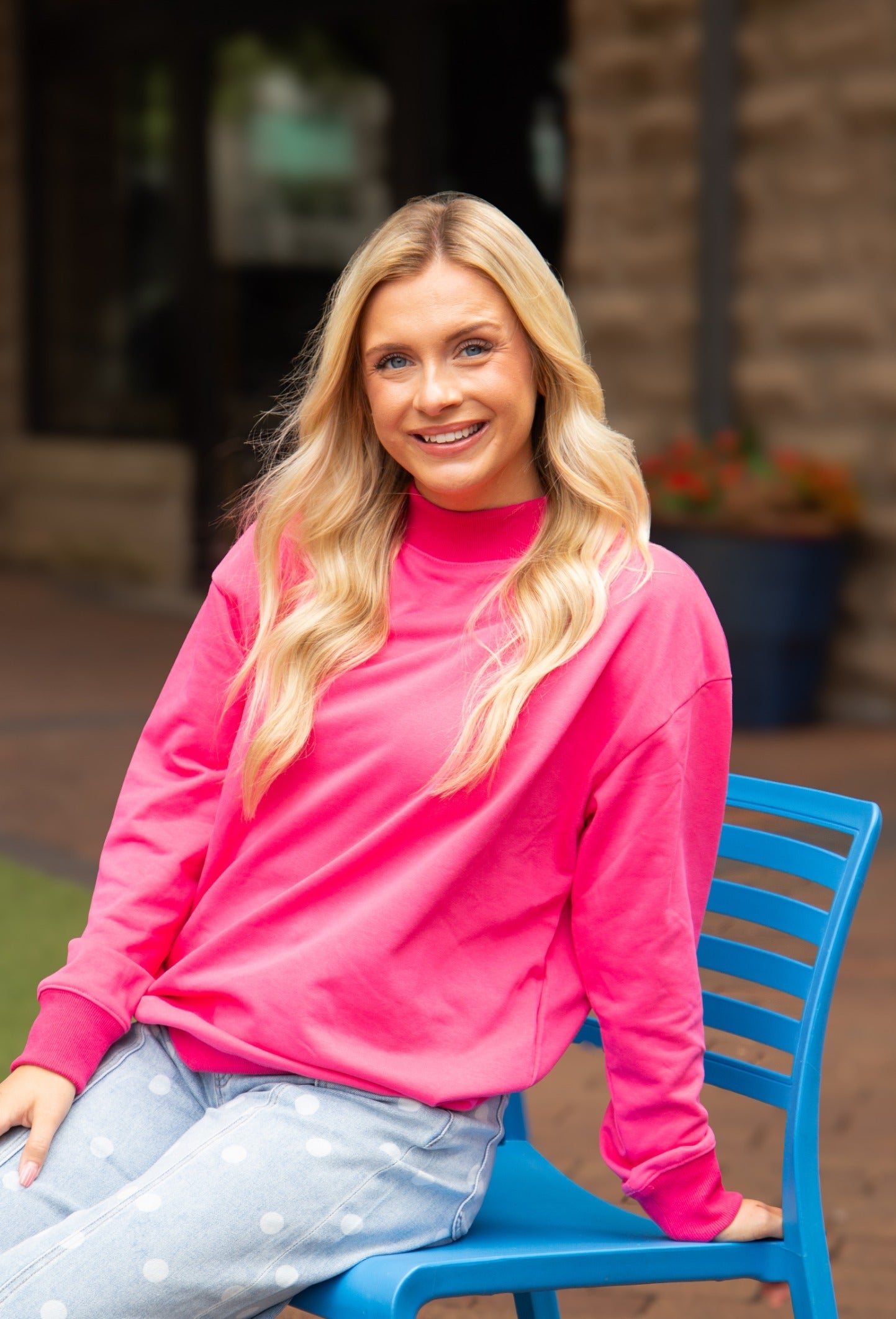 Mock Neck Sweatshirt, Hot Pink in Hot Pink view 2 - Mock Neck Sweatshirt Pink (top)